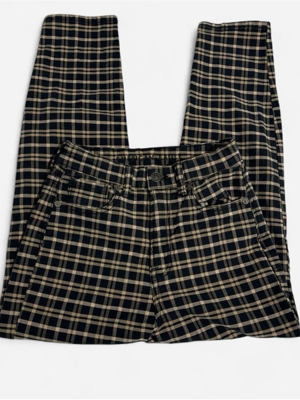 American Eagle Outfitters Plaid Straight-Leg Pants in Black and Tan